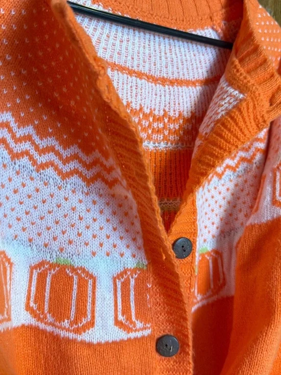 Orange and White Knit Cardigan Sweater Halloween or Thanksgiving - Picture 1 of 3